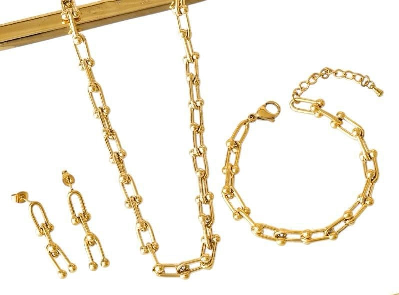Link & Luxe Set– Gold Stainless Steel Jewelry Trio