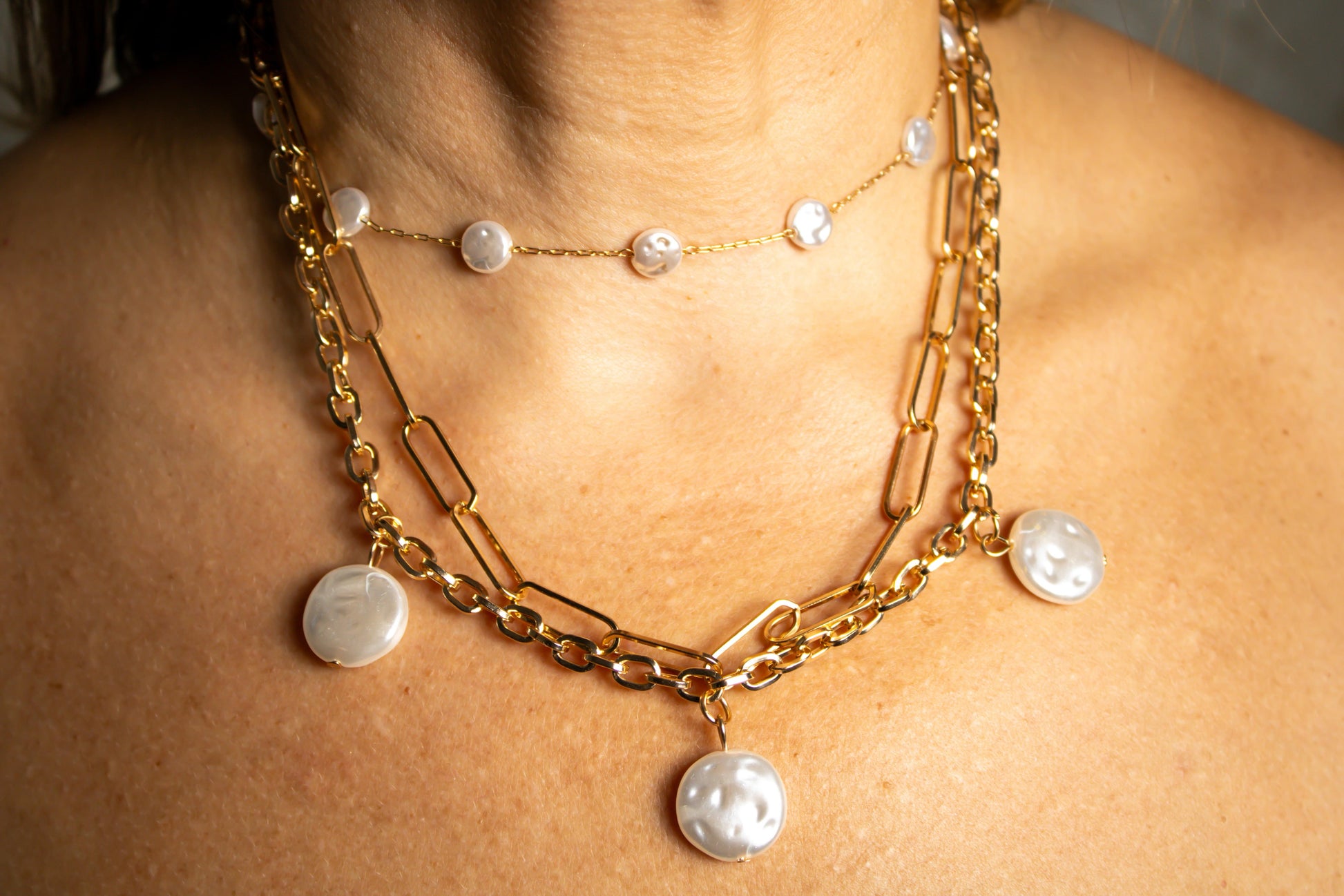 Pearl & Gold Layered Necklace Set